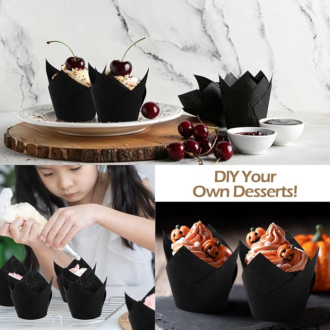 150 Pcs Mini Cupcake Liners Muffin Liners Baking Cups | Tulip Cupcake Liner for Baking Wedding, Birthday, Baby Shower Parties, Black - Image 4