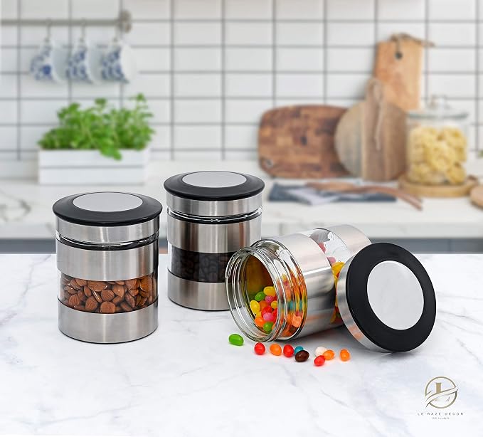 Le'raze Quality Stainless Steel Canister Set of 3 for Kitchen Counter with Glass Window & Airtight Lid - Food Storage Containers with Lids Airtight - Pantry Storage and Organization Set - Image 3