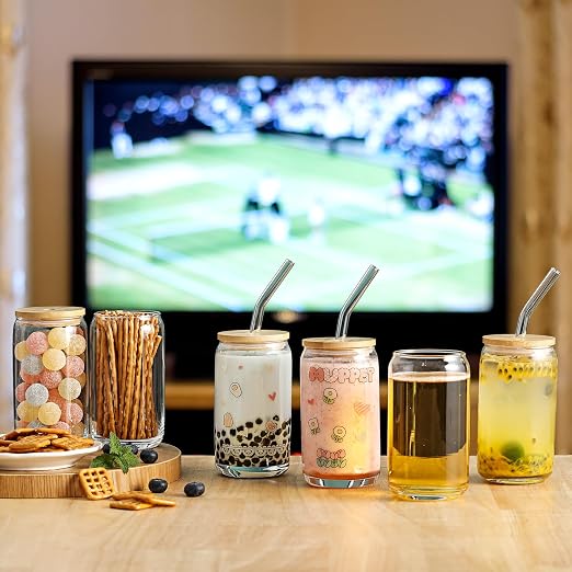 VITEVER [ 20pcs Set ] Glass Cups with Bamboo Lids and Glass Straw - Beer Shaped 16 oz Iced Coffee Drinking Glasses, Cute Tumbler Cup for Smoothie, Boba Tea, Whiskey, Water - Image 5