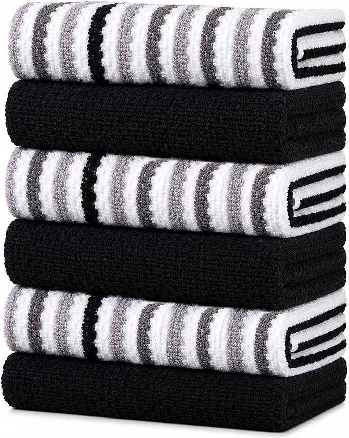 Bumble Kitchen Towels 6 Pack 100% Cotton 16"x26" - Black Wide Stripe | 430 GSM Soft Kitchen Hand Towels with Hanging Loop, Highly Absorbent & Durable for Washing and Drying Dishes by BumbleTowels