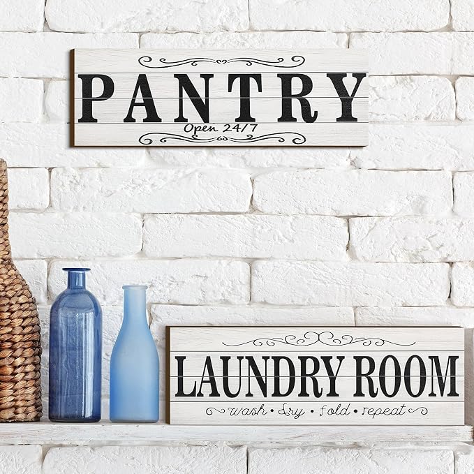 Jetec 2 Pcs Pantry Signs Wall Decor Wooden Laundry Room Signs Farmhouse Laundry Pantry Room Door Sign Wood Rustic Retro for Kitchen Home, 15 x 5 Inches(White) - Image 3