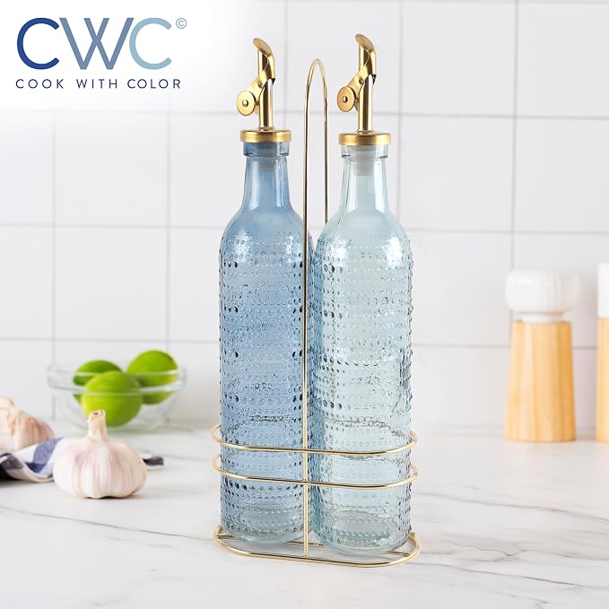 COOK WITH COLOR Glass Olive Oil Bottle Dispenser - 2 Pack- 17oz Oil and Vinegar Cruet - Olive Oil Carafe Decanter for Kitchen, Champagne Bubbles, Blue - Image 5