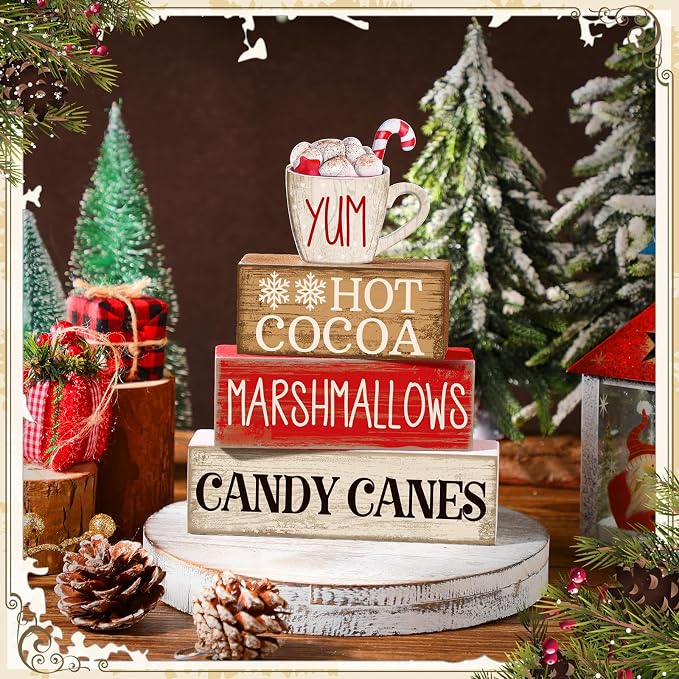Moucuny 4 Pcs Wooden Christmas Tabletop Decor Hot Cocoa Tiered Tray Decor Rustic Wood Hot Cocoa Block Sign Gift Merry Christmas Centerpiece Farmhouse Winter Table Decoration - Image 2