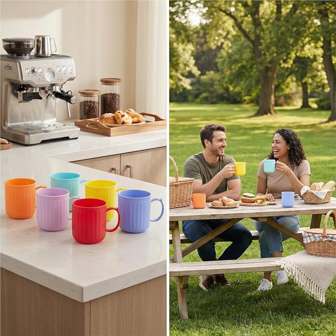 Plastic Coffee Mug with Handle set of 6, 16 oz Iced-Tea Cup Rainbow | BPA Free Reusable Food Grade PP, Unbreakable, Dishwasher Safe, Lightweight, Elderly Kid Safe, Kitchen Party Camping Outdoor - Image 2