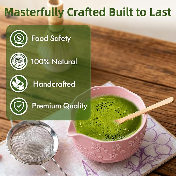 Matcha Whisk Set, Pink Matcha Set, Ceramic Matcha Kit, Matcha Tea Set Includes Matcha Bowl, Matcha Whisk, Matcha Whisk Holder, Bamboo Scoop, Powder Sifter - 7 Pcs Matcha Set Christmas Gifts for Women