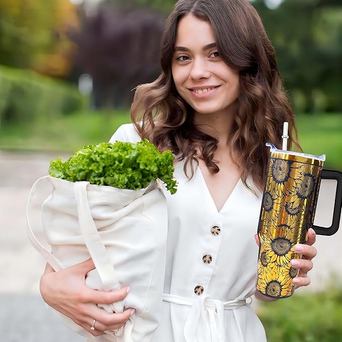 40 oz Sunflower Laser Engraving Tumbler With Handle With Lid Straw Double Insulated Travel Coffee Cup Travel Accessories Must Have Gifts For Women