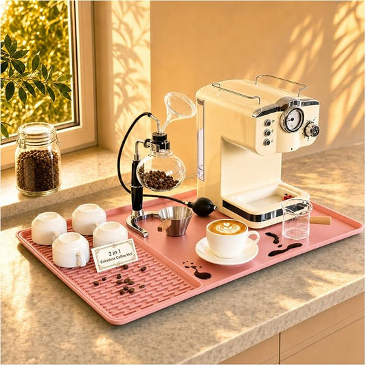 2 In 1 Extra Large 16"x24" Silicone Coffee Bar Mat Accessories for espresso Machine with Detachable Dish Drying Mat Easy to Clean Kitchen Cafetera Barista Tools Pink Room Decor Cut Girls Gifts by CAKETIME