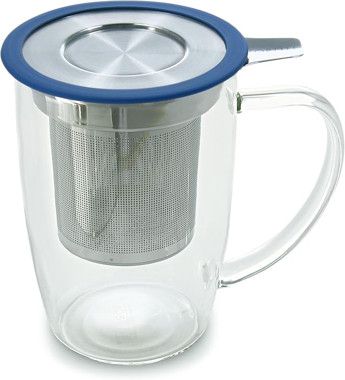 FORLIFE NewLeaf Glass Tea 16-Ounce Mug with Infuser and Lid, Marine