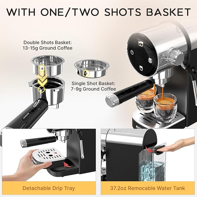 AYCHIRO 20 Bar Semi-Automatic Espresso Machine, Touch Panel Espresso Maker with Milk Frother Steam Wand, Cappuccino Latte Coffee Machine, Removable Water Tank for Home Barista, Black - Image 6