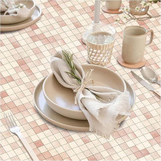 FIFTY FEET 84X60 Inch Rectangle Tablecloth, Vinyl Tablecloth with Flannel Backing Waterproof Table Cloth, Spill Proof Picnic Table Cover for Outdoor/Indoor/Camping/Dining(Brown Plaid) - Image 2