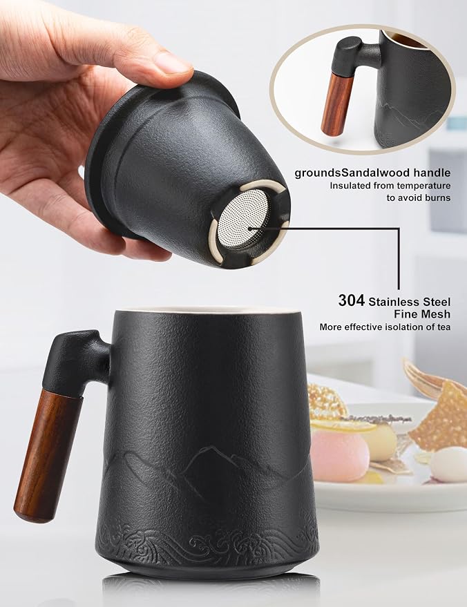 suyika Tea Cup with Infuser and Lid, 15.2 Ounce Wood Handle Ceramic Loose Leaf Mug Gradient Black 450ml - Image 4