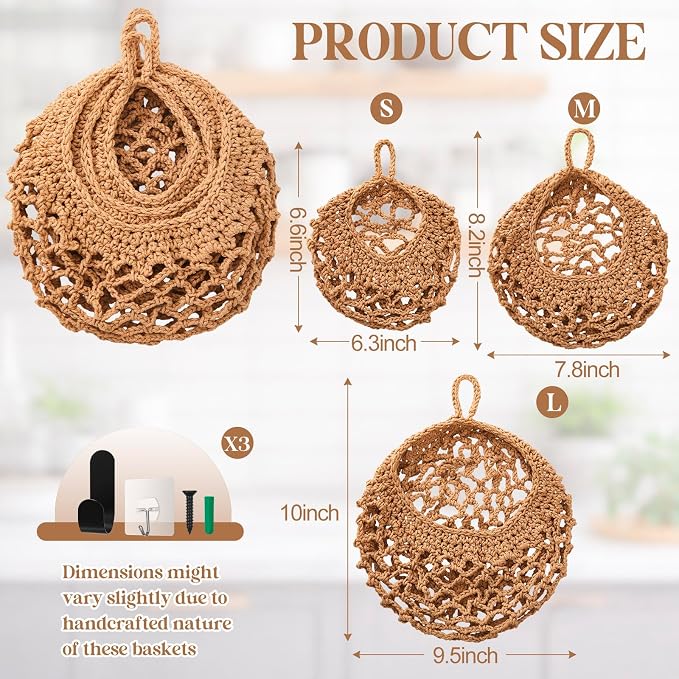Honeydak Boho Decor Hanging Wall Baskets for Kitchen 3 Pack Teardrop Baskets with Hooks Storage Fruit Onion Vegetable Potato for Home 3 Sizes(Light Linen,Crochet,Cotton Rope) - Image 2