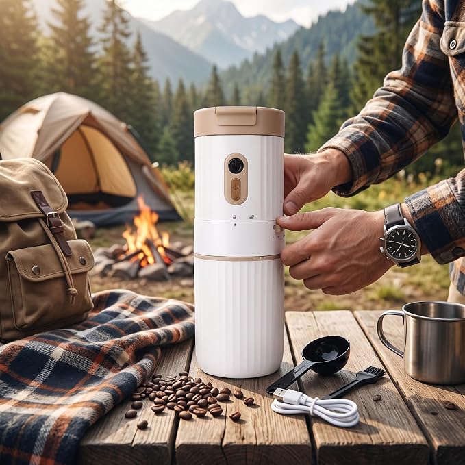 AYNEFY Portable Coffee Maker with Grinder, 7 Grind Settings Travel Machine | 7 Adjustable Grind Levels 400ml Brewing Capacity 15g Bean Chute Cleaning Brush Spoon Included Coffee Lovers Essential Tool - Image 3