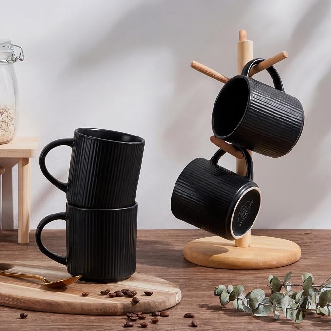 E-far 12 oz Coffee Mugs Set of 6, Stoneware Coffee Cups with Handle for Man Woman, Modern Ribbed Ceramic Tea Mugs for Latte Cocoa Milk, Microwave & Dishwasher Safe, Matte Black - Image 7