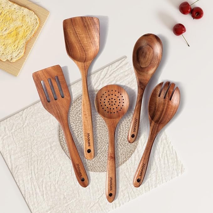 Wooden Kitchen Utensil Set, 5 PCS Natural Teak Wooden Spoons for Cooking | Wooden Spoons for Cooking with Comfort Grip, Smooth Durable Heat Resistant Cooking Spoons and Cooking Utensils for Cooking - Image 7