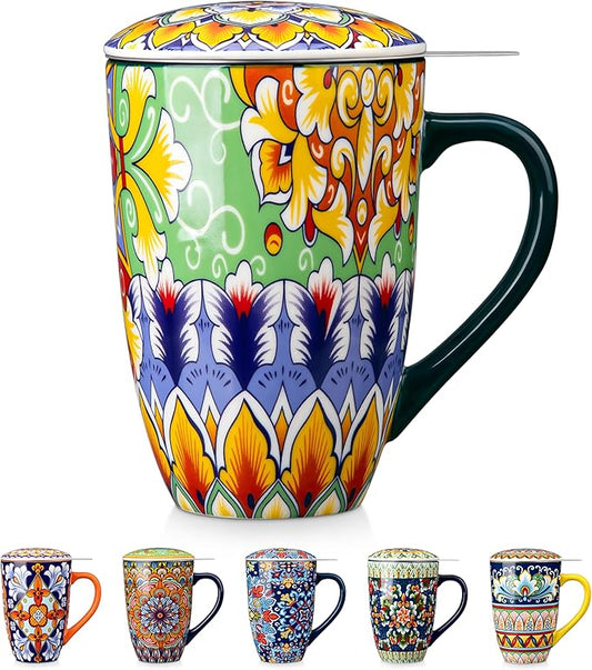 vancasso Ceramic Tea Mug with Infuser and Lid, 18 Ounce Bohemian Loose Leaf Cup, Microwave & Dishwasher Safe, Perfect for Tea, Coffee, Lime-Green Fiesta by vancasso