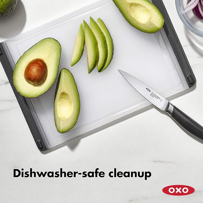 OXO Good Grips Plastic Prep Cutting Board | Compact size, double-sided surface, smooth edges for grabbing, drip catcher, non-slip feet - Image 6