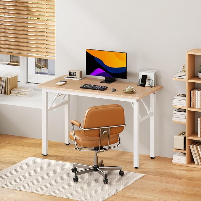 DlandHome 39.4 Inch Small Folding Computer Desk for Home Office, Pink Oak | Foldable Writing Table for Small Spaces Bedroom, No Assembly Required, Wood Top Metal Frame, Collapsible Compact Easy Storage - Image 2