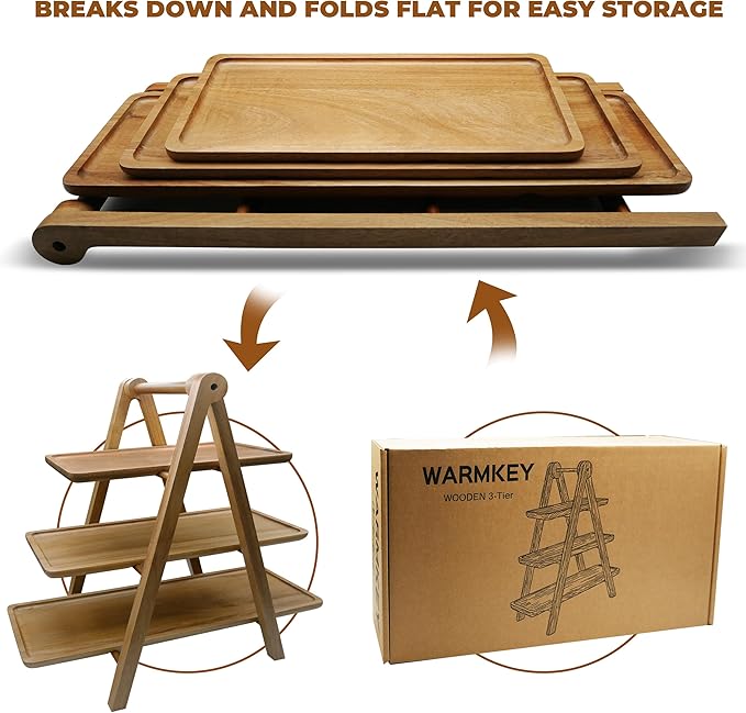 Acacia Wood 3 Tier Tray Wooden Serving Tray - Three Tiered Serving Stand with Collapsible Wood Rack, for Charcuterie Boards/Desserts, Foldable for Easy Storage, Party Wedding Kitchen Decor