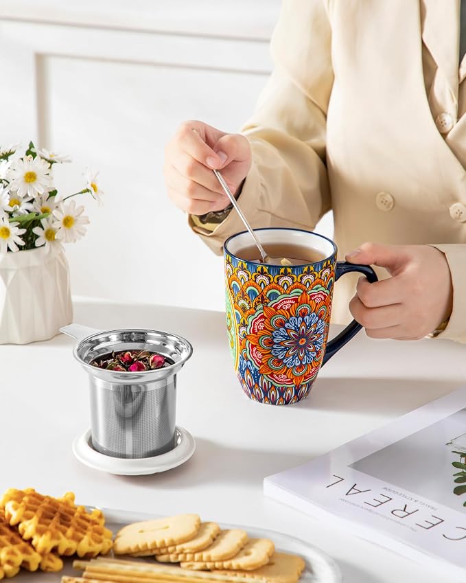 vancasso Ceramic Tea Mug with Infuser and Lid, 18 Ounce Bohemian Loose Leaf Cup, Microwave & Dishwasher Safe, Perfect for Tea, Coffee, Burnt-Cobalt Mandala - Image 7