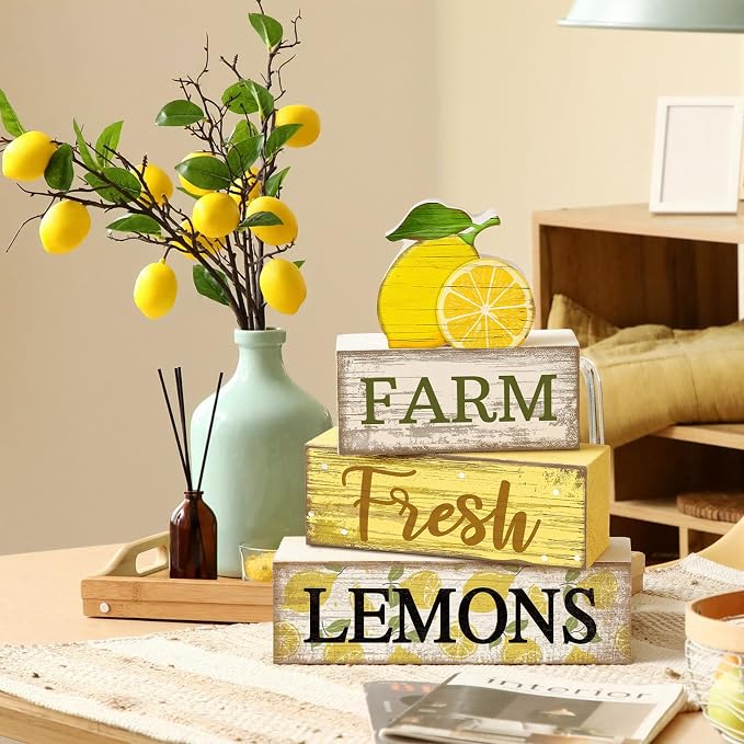 Moucuny 4 Pcs Summer Lemon Decor Summer Table Decorations Farm Fresh Lemons Wooden Stacked Block Decor Rustic Summertime Tiered Tray Decoration Fruits Centerpiece for Home Kitchen Dining Room Mantel - Image 4