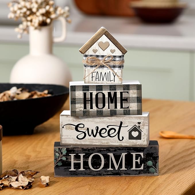 Moucuny 4 Pcs Farmhouse Table Decor Rustic Home Sweet Home Farmhouse Tiered Tray Decor Retro Wooden House Shaped Block Signs Housewarming Gifts Neutral Centerpiece for Kitchen Shelf - Image 5