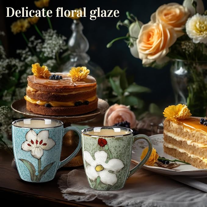 Maxdot 2 Pcs 12oz Ceramic Coffee Mugs Sets Glazing Process Cappuccino Mug Floral Ceramic Tea Cups Idea Gift Set for Women Porcelain Cup for Coffee, Cocoa, Tea, Latte (Retro) (Fresh) - Image 7