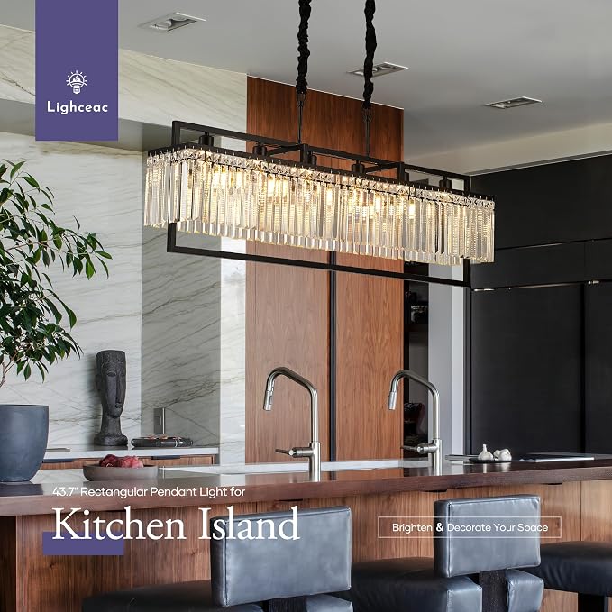 43.7" Modern Black Crystal Chandeliers for Dining Room, Luxury Rectangle 6-Light Kitchen Island Lighting, Linear Hanging Ceiling Pendant Light Fixture for Pool Table Entryway Foyer Hallway - Image 4