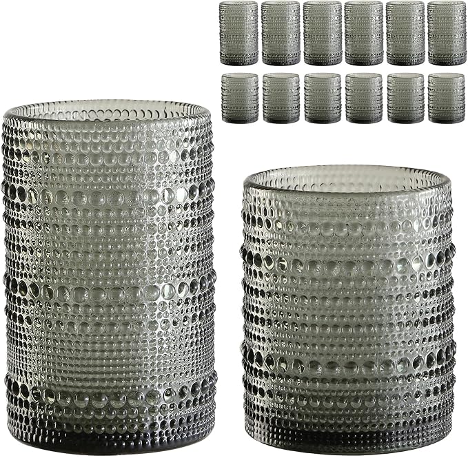 ZMOWIPDL Drinking Glasses Set of 12,Grey 12oz & 15oz Hobnail Glass Cups | Vintage Glassware，Embossed Water Tumbler,for Beer,Cocktail,Whiskey,Juice and Various Mixed Drinks- 1 Cleaning Brush by ZMOWIPDL