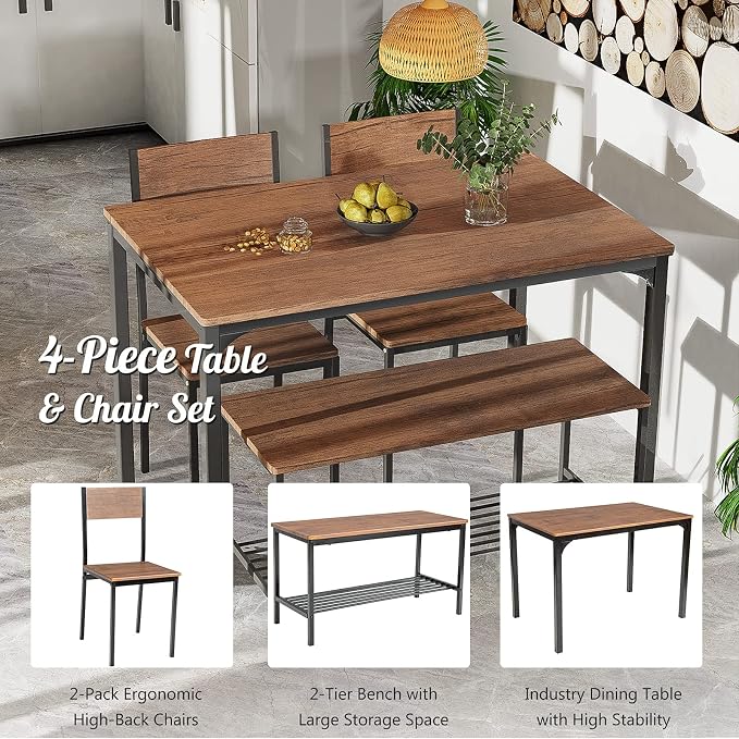 Giantex Dining Table Set for 4, 43" Kitchen Table and Chairs, Dining Bench with Metal Frame & Storage Rack, 4-Piece Modern Functional Desk Set for Dinette, Small Space, Apartment, Restaurant, Walnut - Image 6