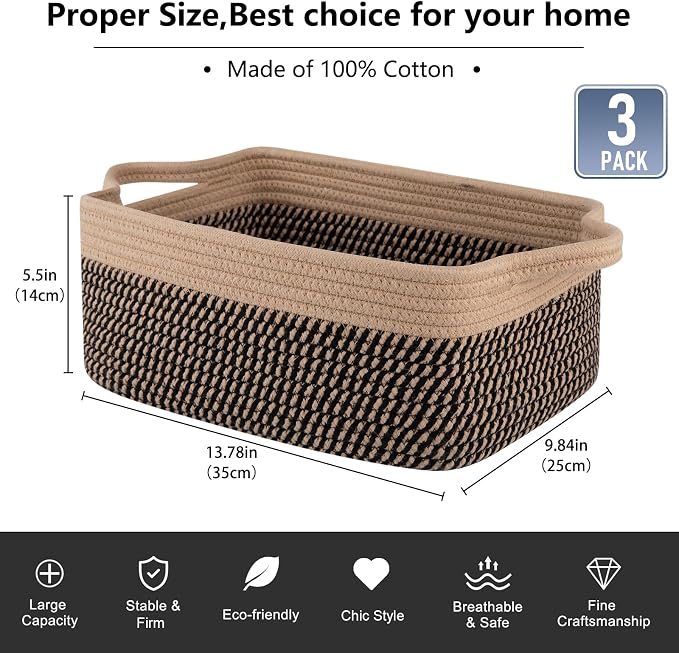 OIAHOMY 3 Pack Storage Baskets for Organizing, Woven Cotton Rope Basket for Shelves, Closet Organizer Bins with Handles, Rectangle Toy Organization, 13.78''×9.84''×5.5'', Brown & Black - Image 3