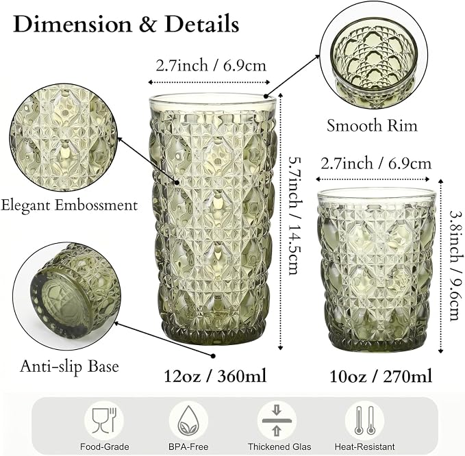 Green Drinking Glasses Set of 12, 12 Oz Highball & 10 Oz Cocktail Glasses, Green Kitchen Vintage Glassware Set, Floral Embossed Glass Tumbler Cups for Beer, Juice, Whiskey, Coffee(Gem) - Image 2