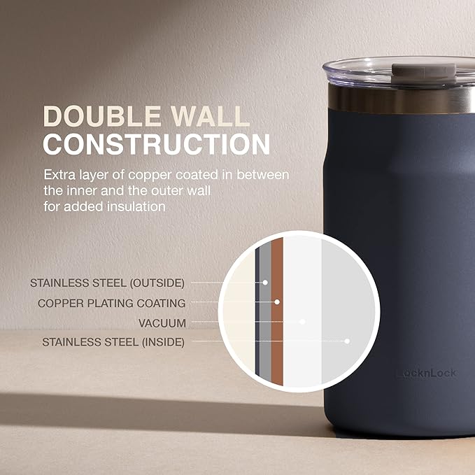 LocknLock Metro Mug, Premium 18/8 Stainless Steel Metal, Double Wall Insulated, Portable Coffee Cup with Lid and Handle for Hot and Cold Drinks, Navy, 16 oz - Image 4
