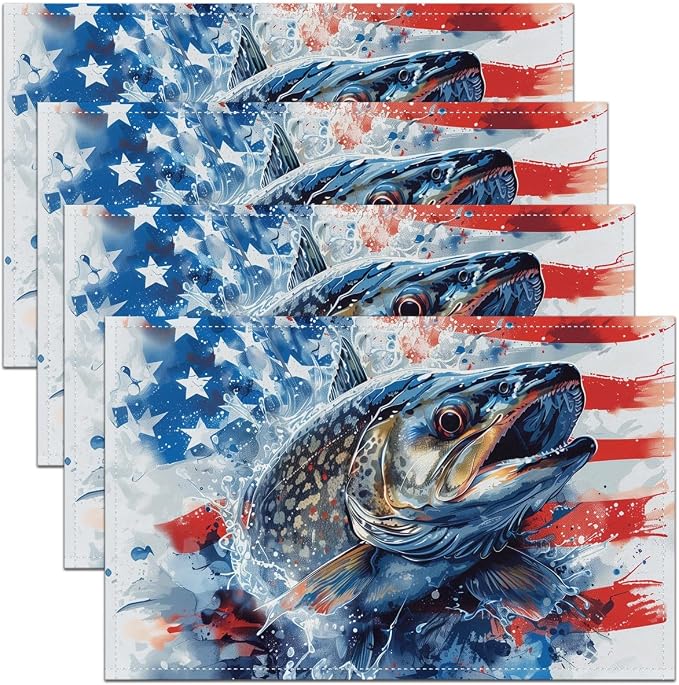 Feelyou Ocean Fish Placemats Set of 4 12"x18" American Flag Placemats for Dining Table Indoor Outdoor Kitchen Nautical Fishing and Hunting Table Mats Placemat Decor Table Place Mats by Feelyou