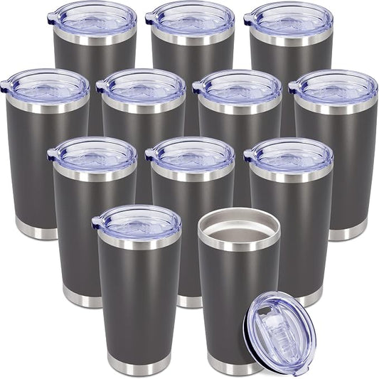 20oz Tumbler Insulated Coffee Tumblers with Lid Stainless Steel Grey 12P | 20 oz Tumblers Double Wall Insulated Vacuum 20oz Coffee Mug Leak Proof Tumblers with Lid Powder Coated - Grey 12 Pack by AEPDTD