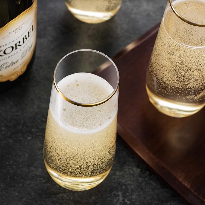 Munfix 48 Pack Stemless Plastic Champagne Flutes Disposable 9 Oz Gold Rim Clear Plastic Toasting Glasses Shatterproof Recyclable and BPA-Free - Image 6