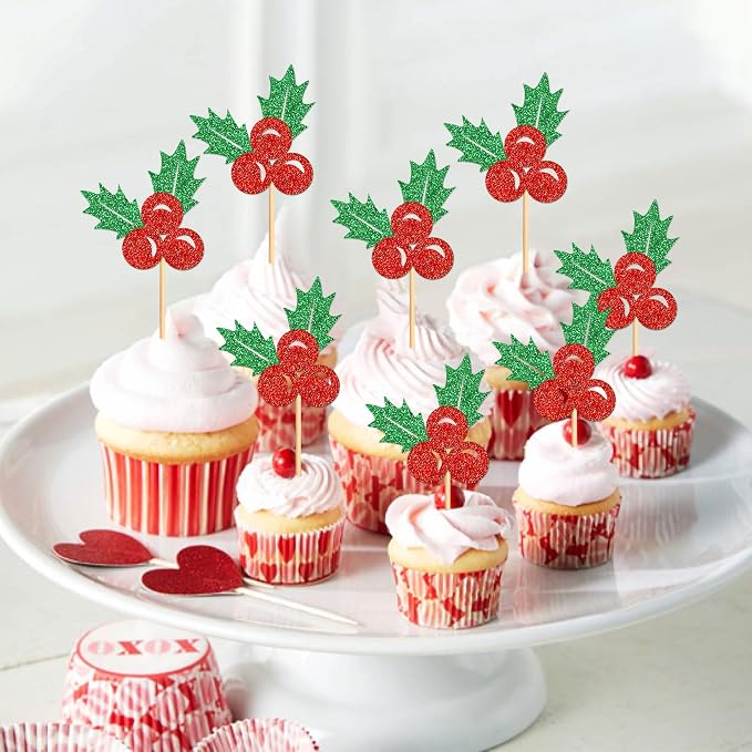 24 Pack Christmas Holly Leaves Cupcake Toppers Picks Christmas Eve Party Cake Baby Shower Birthday Party Cake Decoration Supplies - Image 5