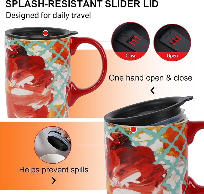 Topadorn 17oz Ceramic Travel Mug with Lid, Colorful Floral Coffee Mug | Artistic Ceramic Travel Cup, Microwave & Dishwasher Safe, Gift Box Included - Image 6