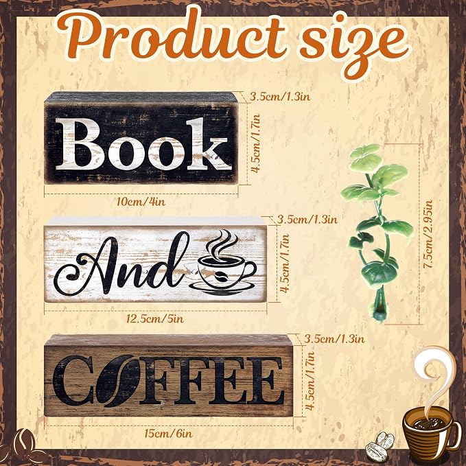 Moucuny 4 Pcs Farmhouse Table Decor Rustic Wooden "book and Coffee" Stacked Block Sign - Vintage Farmhouse Tiered Tray Decor with Coffee Cup & Bean Design, Perfect for Home Office Bookshelf Display - Image 2