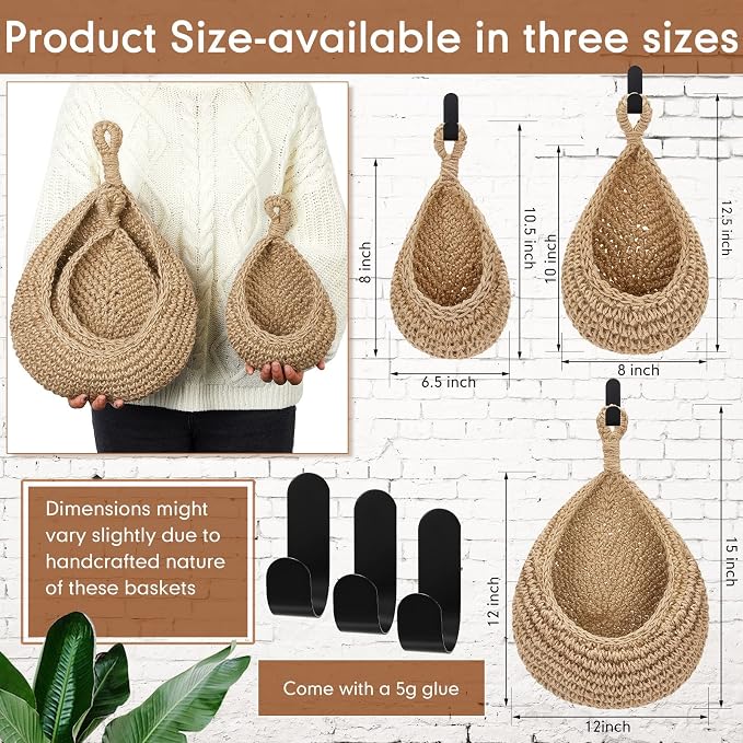 Honeydak Boho Decor Hanging Wall Baskets for Kitchen 3 Pack Teardrop Baskets with Hooks Storage Fruit Onion Vegetable Potato for Home 3 Sizes(Light Linen,Teardrop,Cotton Rope) - Image 2