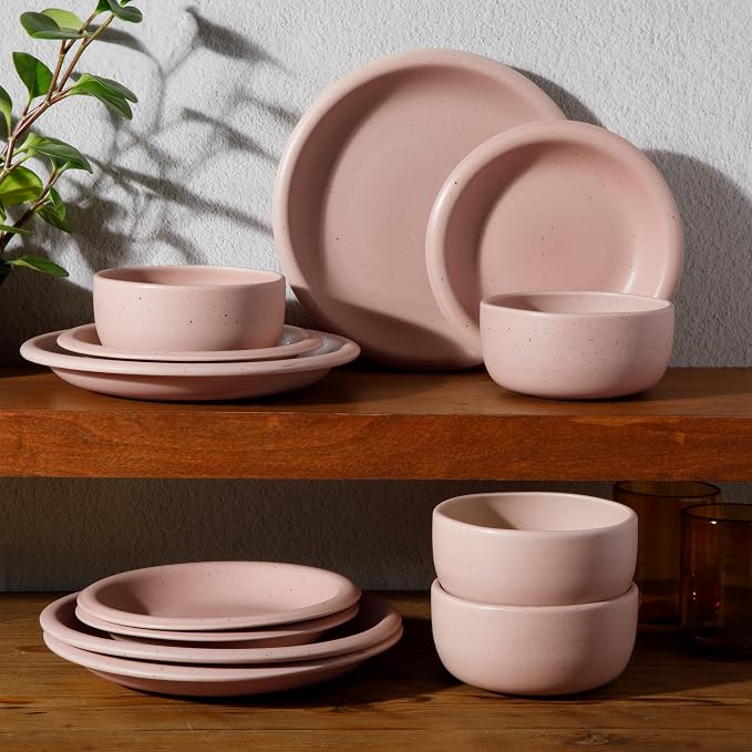 Bloomhouse - Two Time Oprah's Favorite Things Winner - Corsica Clay 12 Piece Stoneware Rustic Reactive Glaze Dinnerware Set - Stackable Plates and Bowls Set. Service for 4 - Matte Prosecco Blush Pink - Image 5