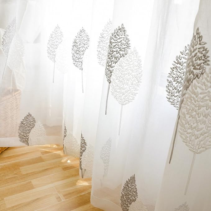 White Sheer Curtains Banyan Leaves Embroidered Design Rod Pocket Window Drapes for Living Room, Bedroom, 60 x 102, Two Panels - Image 4