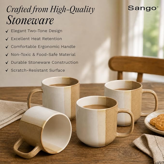 SANGO Phoebe Caramel/White Coffee Mugs Set of 4, 15 oz Stoneware Coffee Mug Set, Big Glossy Ceramic Tea Cup for Cappuccino, Latte, Cocoa, Large Coffee Cups with Handle, Microwave & Dishwasher Safe - Image 4