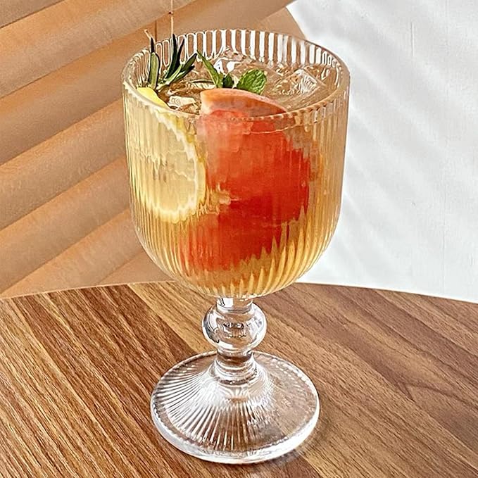 Vintage Wine Glasses Set of 6, 11 Ounces Colored Glass Water Goblets, Unique Embossed Pattern High Clear Stemmed Glassware Wedding Party Bar Glass Drinking Cups Fancy Glasses Vertical Line Clear - Image 2