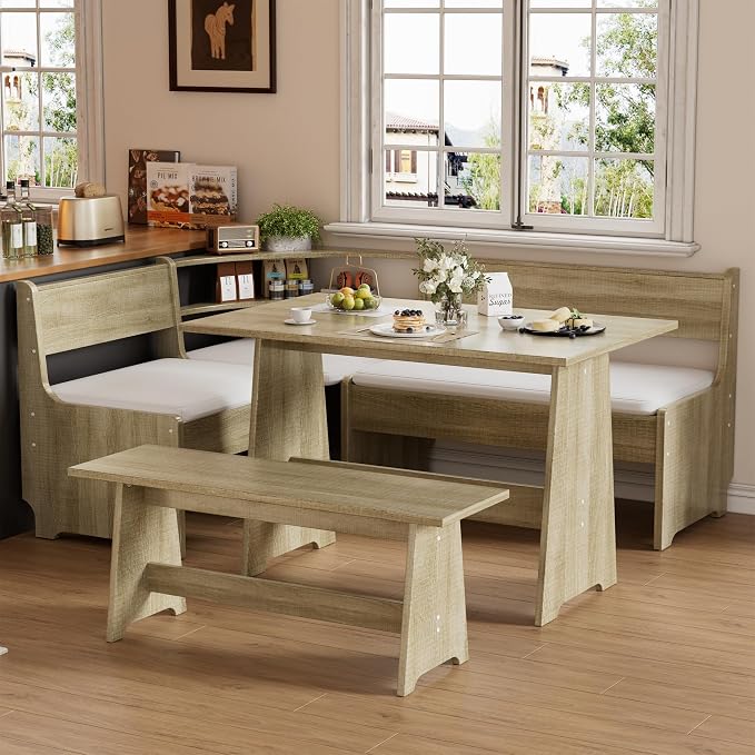 PAKASEPT Corner Breakfast Nook Table Set Kitchen Bench with Soft Cushion | Farmhouse Wood Dining Set,Reversible L-Shaped Corner Bench,Lift-Top Hidden Storage,Soft Padded Cushions,Space-Saving Design - Image 8