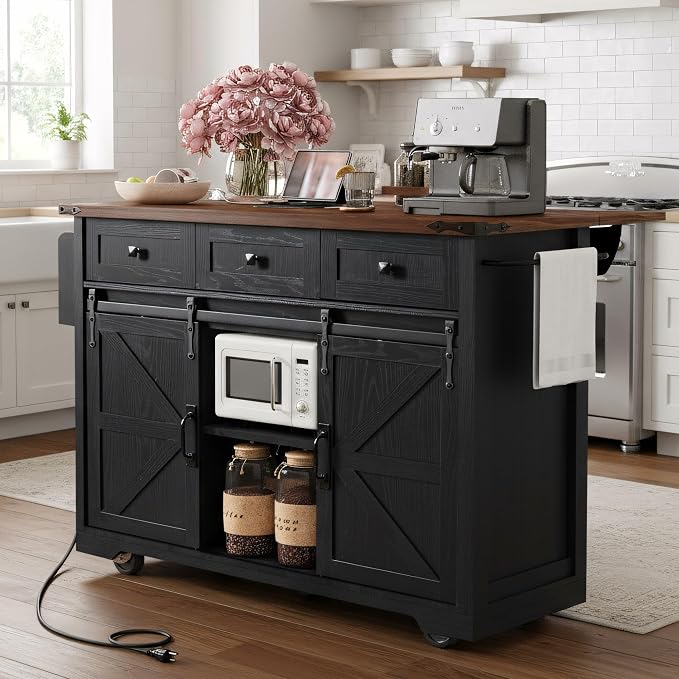 Farmhouse Kitchen Island on Wheels with Drop Leaf & Power Outlet, 53.7-Inch Rolling Storage Island Cart Breakfast Bar with Drawers, Sliding Barn Door Cabinets, Spice Rack (Black) by Amposei