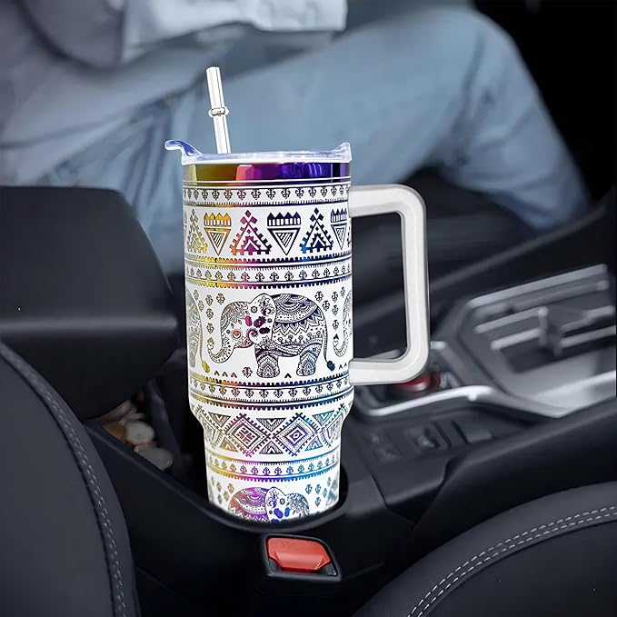 40 oz Elephant Laser Engraving Tumbler With Handle With Lid Straw Double Insulated Travel Coffee Cup Elephant Travel Accessories Must Have Gifts For Women