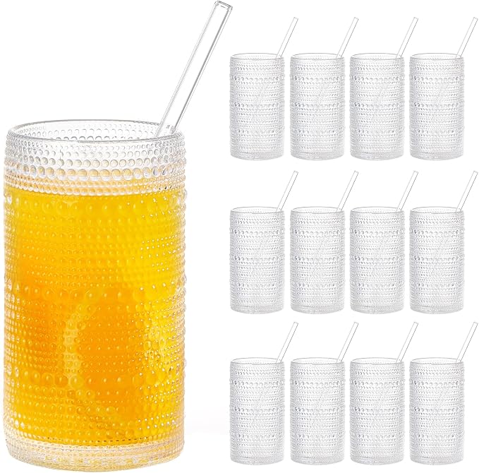 16oz Hobnail Drinking Glasses Set of 12, Vintage Large Capacity Embossed Clear Tumblers, Highball Glasses for Water, Cocktail, Beer, Whiskey, Juice & Bar Use by Unknown