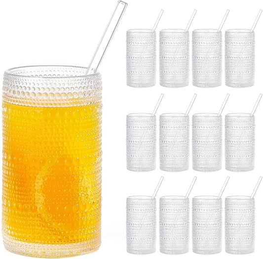 16oz Hobnail Drinking Glasses Set of 12, Vintage Large Capacity Embossed Clear Tumblers, Highball Glasses for Water, Cocktail, Beer, Whiskey, Juice & Bar Use by Unknown