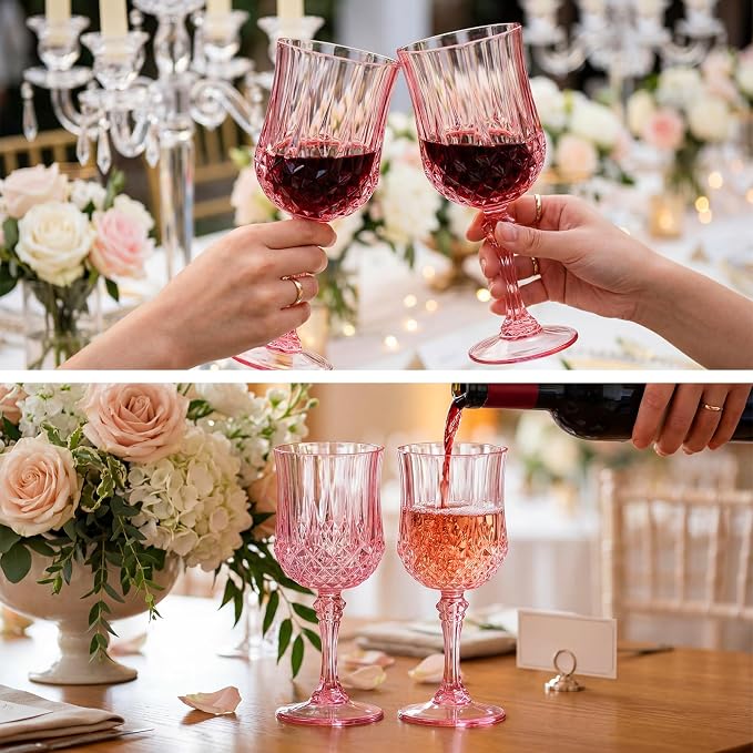 Sliner 96 Pcs 7oz Plastic Vintage Wine Glasses Drinking Goblets Unbreakable Crystal Water Glassware Reusable Diamond Champagne Flutes Cups for Wedding Banquet Birthday Party Supplies (Pink) - Image 5